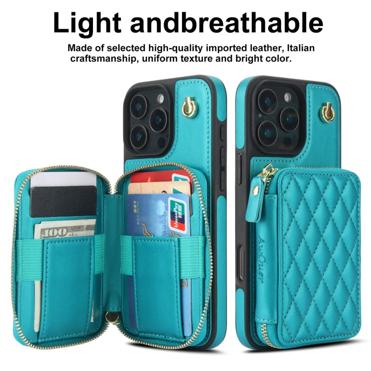 For iPhone 16 Pro AwQuer Crossbody Zipper Wallet Rhombic Leather Back Phone Case(Green) - free shipping - PMC Jewellery - Order now!