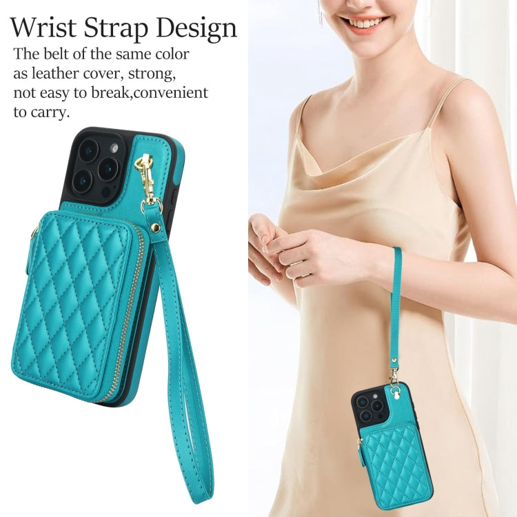 For iPhone 16 Pro AwQuer Crossbody Zipper Wallet Rhombic Leather Back Phone Case(Green) - free shipping - PMC Jewellery - Order now!