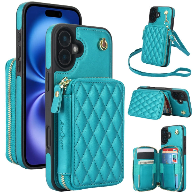 For iPhone 16 Plus AwQuer Crossbody Zipper Wallet Rhombic Leather Back Phone Case(Green) - free shipping - PMC Jewellery - Order now!