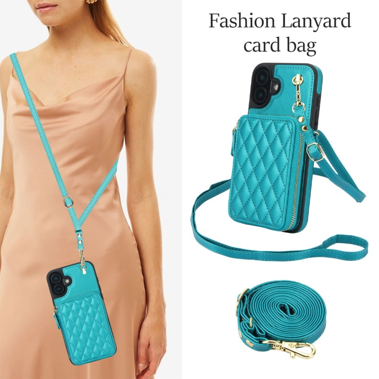 For iPhone 16 Plus AwQuer Crossbody Zipper Wallet Rhombic Leather Back Phone Case(Green) - free shipping - PMC Jewellery - Order now!