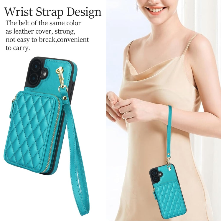 For iPhone 16 Plus AwQuer Crossbody Zipper Wallet Rhombic Leather Back Phone Case(Green) - free shipping - PMC Jewellery - Order now!