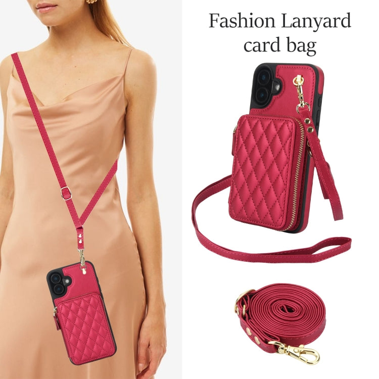 For iPhone 16 AwQuer Crossbody Zipper Wallet Rhombic Leather Back Phone Case(Red) - free shipping - PMC Jewellery - Order now!