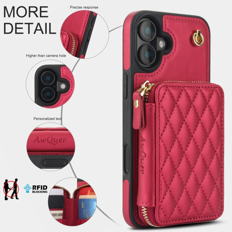 For iPhone 16 AwQuer Crossbody Zipper Wallet Rhombic Leather Back Phone Case(Red) - free shipping - PMC Jewellery - Order now!