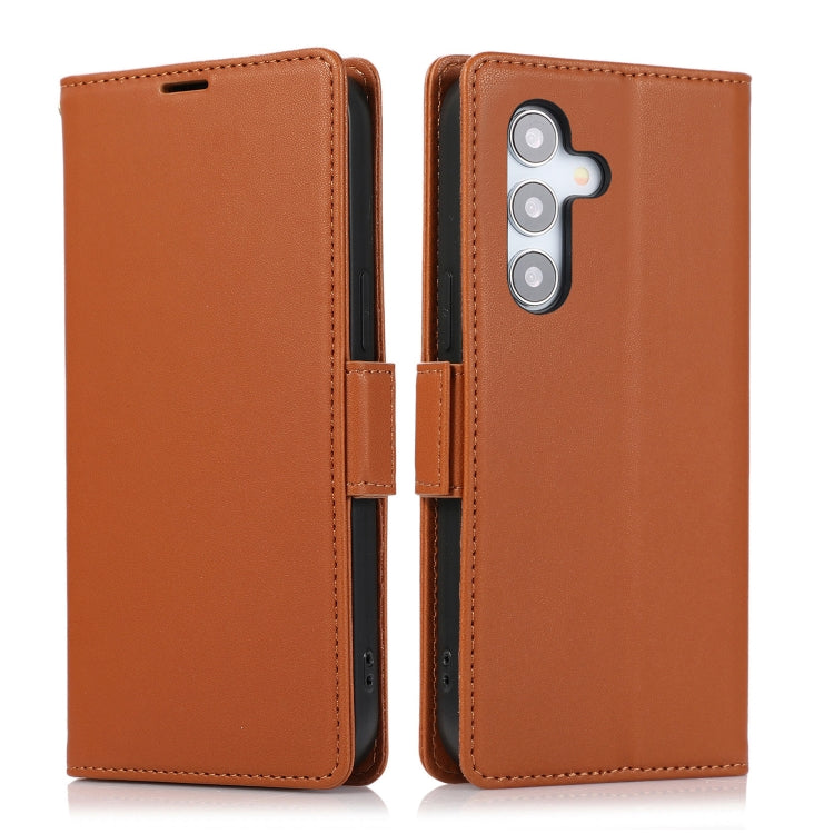 For Samsung Galaxy S25 / S24 5G Side Buckle RFID Anti-theft Leather Phone Case(Brown) - Galaxy S25 5G Cases by PMC TechLife | Online Shopping South Africa | PMC TechLife | Buy Now Pay Later Mobicred
