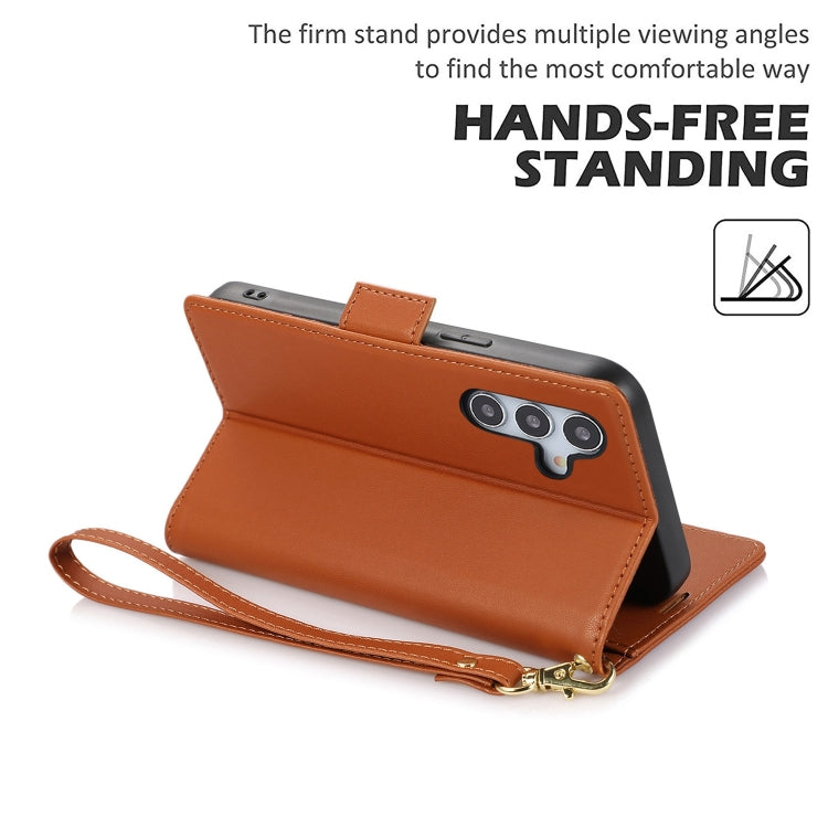 For Samsung Galaxy S25 / S24 5G Side Buckle RFID Anti-theft Leather Phone Case(Brown) - Galaxy S25 5G Cases by PMC TechLife | Online Shopping South Africa | PMC TechLife | Buy Now Pay Later Mobicred