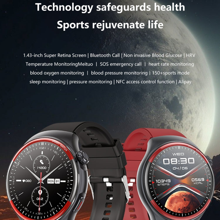 T82 1.43 inch Round Screen BT Call Smart Watch, Heart Rate / Blood Pressure / Blood Oxygen / Sleep / Blood Sugar / HRV / Metope / SOS, Strap:Silicone Black - Smart Wristbands by PMC TechLife | Online Shopping South Africa | PMC TechLife | Buy Now Pay Later Mobicred