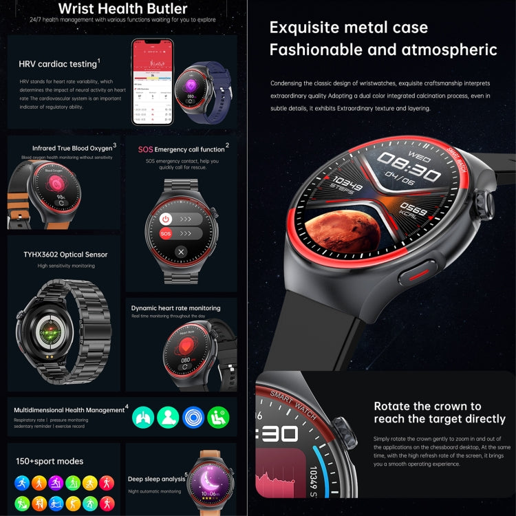 T82 1.43 inch Round Screen BT Call Smart Watch, Heart Rate / Blood Pressure / Blood Oxygen / Sleep / Blood Sugar / HRV / Metope / SOS, Strap:Leather Black - Smart Wristbands by PMC TechLife | Online Shopping South Africa | PMC TechLife | Buy Now Pay Later Mobicred