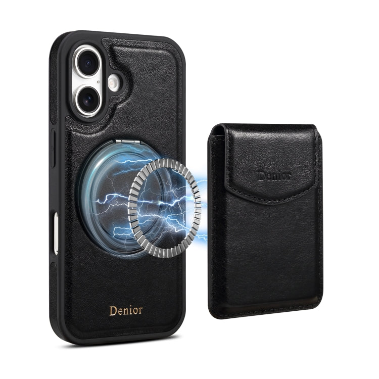 For iPhone 16 Denior D22 Genuine Leather MagSafe Holder Detachable Card Slot Phone Case(Black) - free shipping - PMC Jewellery - Order now!