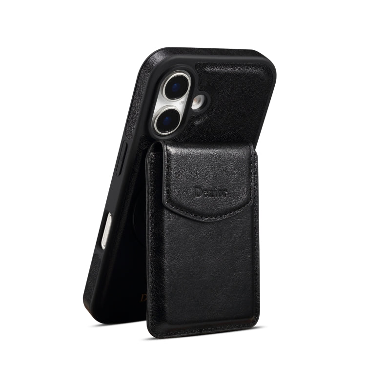 For iPhone 16 Denior D22 Genuine Leather MagSafe Holder Detachable Card Slot Phone Case(Black) - free shipping - PMC Jewellery - Order now!