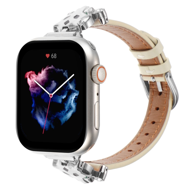 For Apple Watch 46mm / 49mm / 45mm / 44mm Leopard Head Genuine Leather Watch Band(White Silver Buckle) - free shipping - PMC TechLife - Order now!