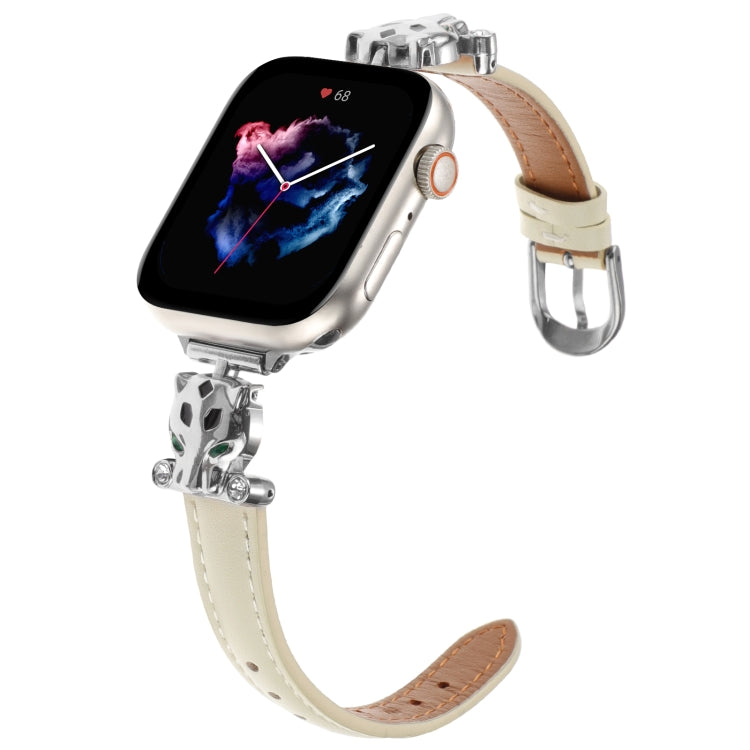For Apple Watch 46mm / 49mm / 45mm / 44mm Leopard Head Genuine Leather Watch Band(White Silver Buckle) - free shipping - PMC TechLife - Order now!