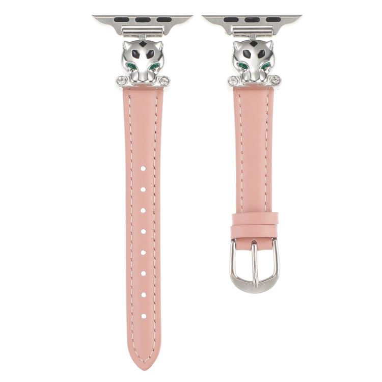 For Apple Watch 46mm / 49mm / 45mm / 44mm Leopard Head Genuine Leather Watch Band(Pink Silver Buckle) - free shipping - PMC TechLife - Order now!