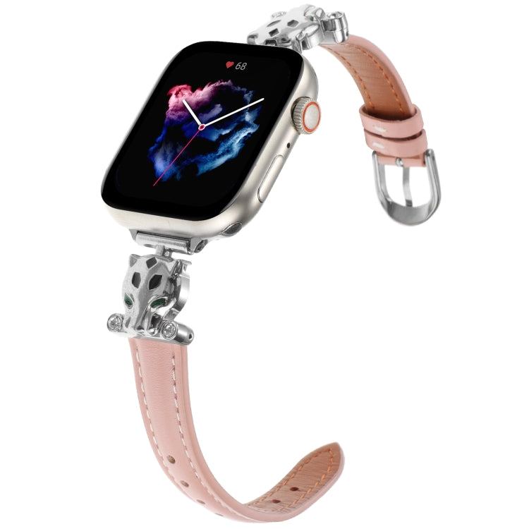 For Apple Watch 42mm / 41mm / 40mm / 38mm Leopard Head Genuine Leather Watch Band(Pink Silver Buckle) - free shipping - PMC TechLife - Order now!