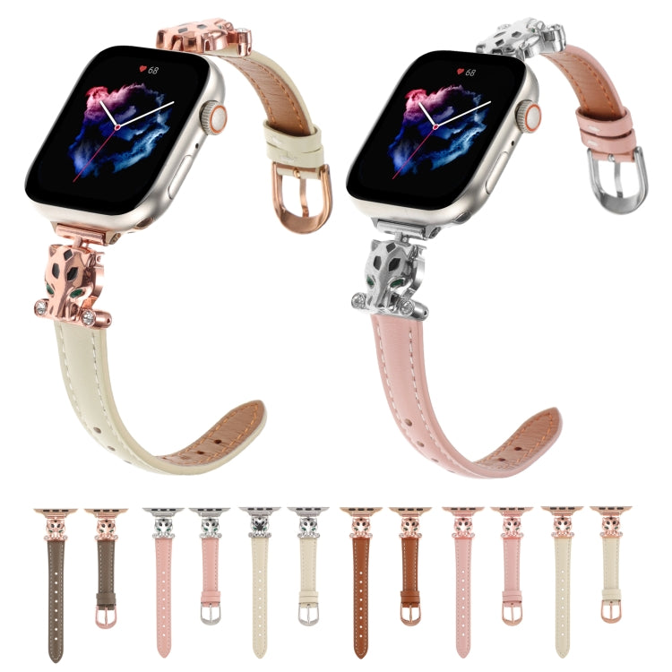 For Apple Watch 42mm / 41mm / 40mm / 38mm Leopard Head Genuine Leather Watch Band(Pink Silver Buckle) - free shipping - PMC TechLife - Order now!