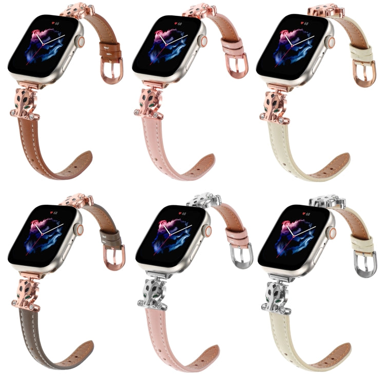 For Apple Watch 42mm / 41mm / 40mm / 38mm Leopard Head Genuine Leather Watch Band(Pink Silver Buckle) - free shipping - PMC TechLife - Order now!