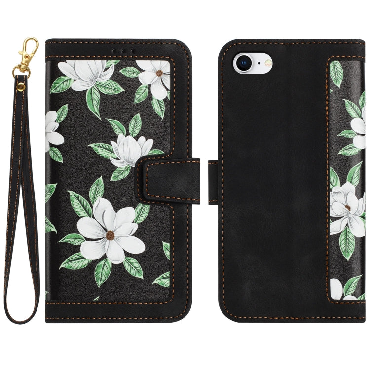For iPhone 16e Floral Pattern Leather Phone Case with Lanyard(Black) - iPhone 16e Cases by PMC TechLife | Online Shopping South Africa | PMC TechLife | Buy Now Pay Later Mobicred