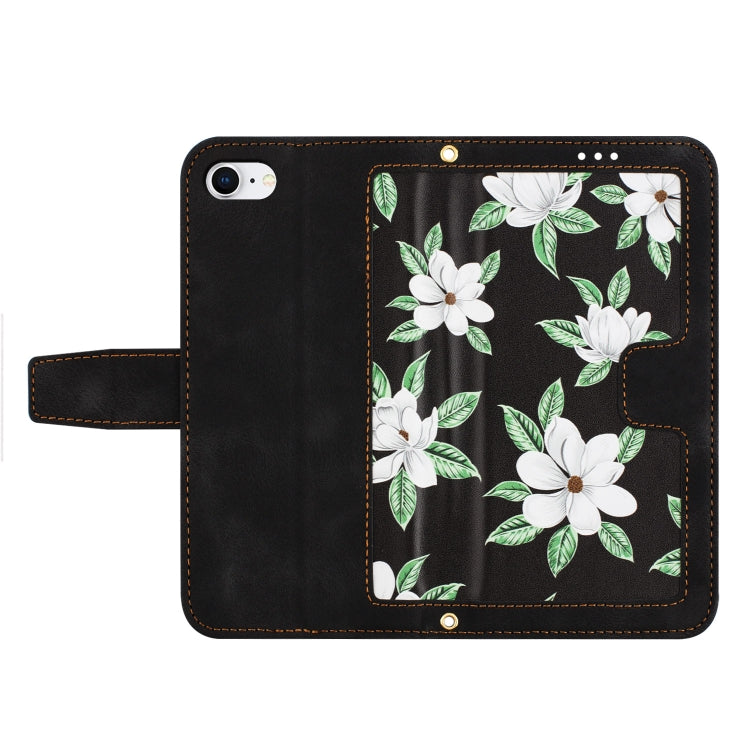 For iPhone 16e Floral Pattern Leather Phone Case with Lanyard(Black) - iPhone 16e Cases by PMC TechLife | Online Shopping South Africa | PMC TechLife | Buy Now Pay Later Mobicred
