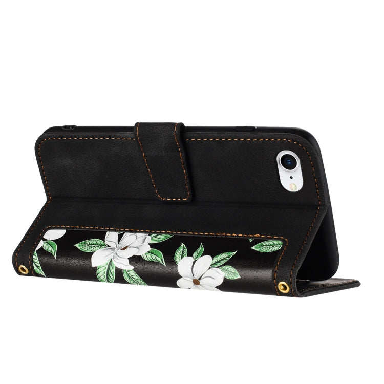 For iPhone 16e Floral Pattern Leather Phone Case with Lanyard(Black) - iPhone 16e Cases by PMC TechLife | Online Shopping South Africa | PMC TechLife | Buy Now Pay Later Mobicred