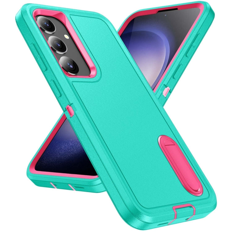 For Samsung Galaxy S24 / S25 5G Rugged PC Hybrid Silicone Phone Case with Holder(Light Green+Rose Red) - Galaxy S25 5G Cases by PMC Jewellery | Online Shopping South Africa | PMC Jewellery | Buy Now Pay Later Mobicred