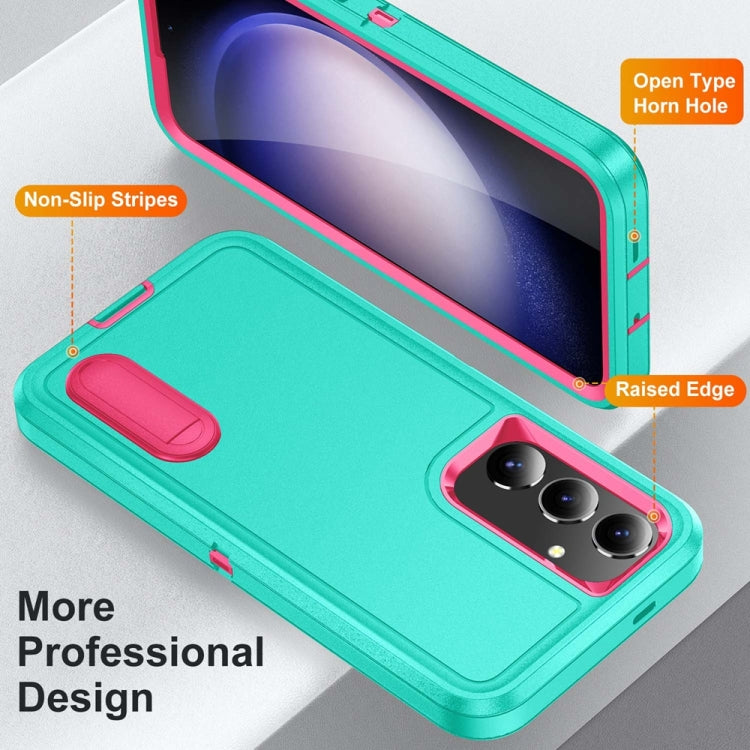 For Samsung Galaxy S24 / S25 5G Rugged PC Hybrid Silicone Phone Case with Holder(Light Green+Rose Red) - Galaxy S25 5G Cases by PMC Jewellery | Online Shopping South Africa | PMC Jewellery | Buy Now Pay Later Mobicred