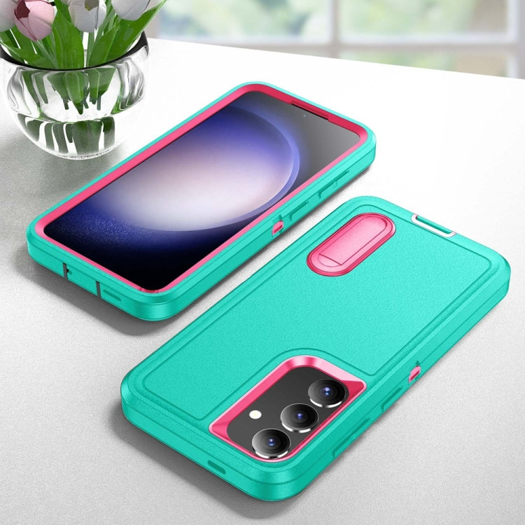 For Samsung Galaxy S24 / S25 5G Rugged PC Hybrid Silicone Phone Case with Holder(Light Green+Rose Red) - Galaxy S25 5G Cases by PMC Jewellery | Online Shopping South Africa | PMC Jewellery | Buy Now Pay Later Mobicred