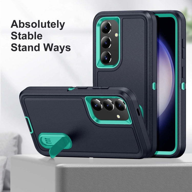 For Samsung Galaxy S24+ / S25+ 5G Rugged PC Hybrid Silicone Phone Case with Holder(Dark Blue+Light Green) - Galaxy S25+ 5G Cases by PMC Jewellery | Online Shopping South Africa | PMC Jewellery | Buy Now Pay Later Mobicred