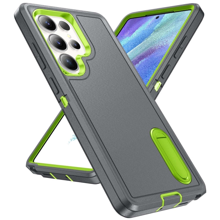 For Samsung Galaxy S25 Ultra 5G Rugged PC Hybrid Silicone Phone Case with Holder(Grey+Fresh Green) - Galaxy S25 Ultra 5G Cases by PMC Jewellery | Online Shopping South Africa | PMC Jewellery | Buy Now Pay Later Mobicred