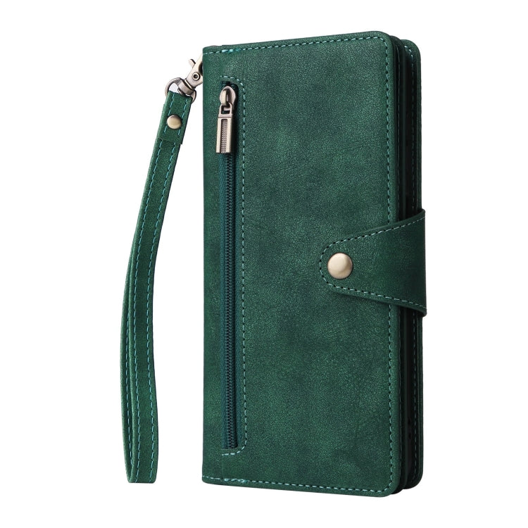 For Samsung Galaxy S25 5G Rivet Buckle 9 Cards Three Fold Leather Phone Case(Green) - Galaxy S25 5G Cases by PMC Jewellery | Online Shopping South Africa | PMC Jewellery | Buy Now Pay Later Mobicred