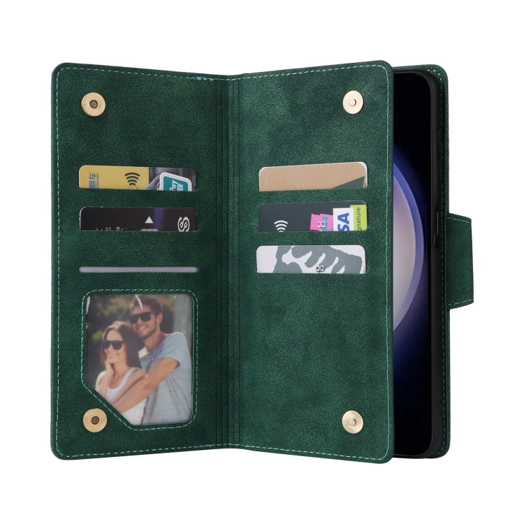 For Samsung Galaxy S25 5G Rivet Buckle 9 Cards Three Fold Leather Phone Case(Green) - Galaxy S25 5G Cases by PMC Jewellery | Online Shopping South Africa | PMC Jewellery | Buy Now Pay Later Mobicred