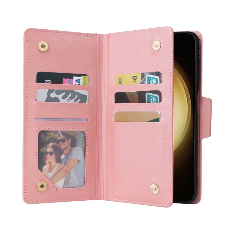 For Samsung Galaxy S25+ 5G Rivet Buckle 9 Cards Three Fold Leather Phone Case(Rose Gold) - Galaxy S25+ 5G Cases by PMC Jewellery | Online Shopping South Africa | PMC Jewellery | Buy Now Pay Later Mobicred