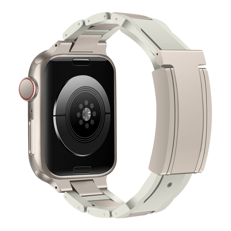 For Apple Watch 46mm / 49mm / 45mm / 44mm T-shaped Magnetic Buckle Stainless Steel Rubber Watch Band(Beige Starlight Buckle) - free shipping - PMC TechLife - Order now!