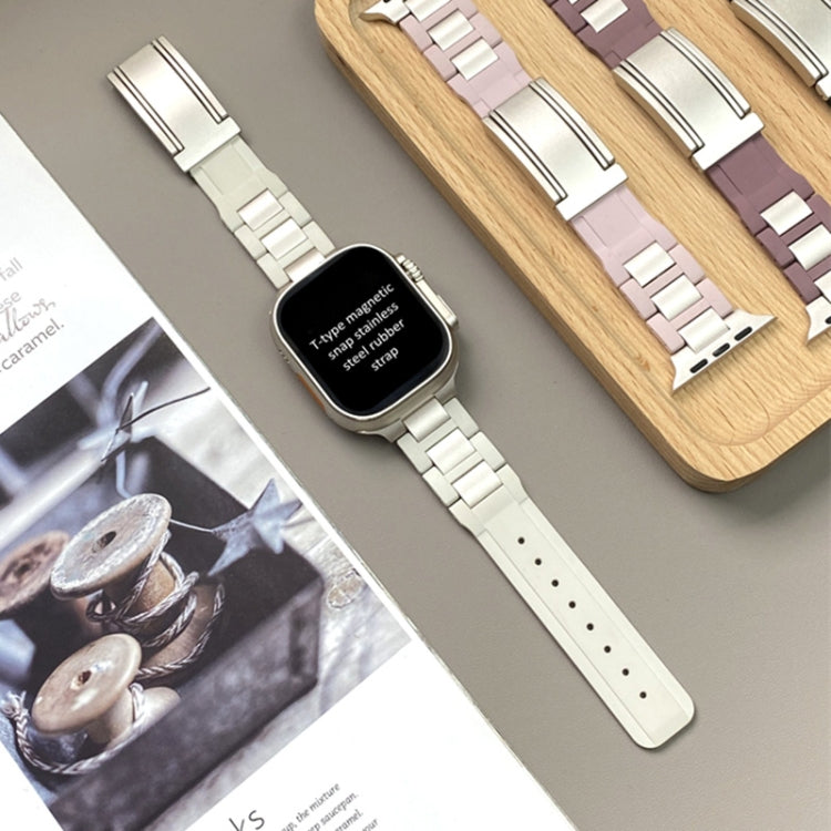 For Apple Watch 46mm / 49mm / 45mm / 44mm T-shaped Magnetic Buckle Stainless Steel Rubber Watch Band(Beige Starlight Buckle) - free shipping - PMC TechLife - Order now!
