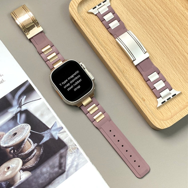 For Apple Watch 46mm / 49mm / 45mm / 44mm T-shaped Magnetic Buckle Stainless Steel Rubber Watch Band(Smoky Purple Rose Gold Buckle) - free shipping - PMC TechLife - Order now!