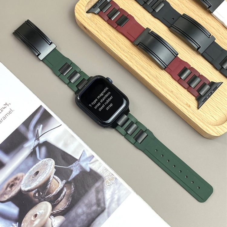 For Apple Watch 42mm / 41mm / 40mm / 38mm T-shaped Magnetic Buckle Stainless Steel Rubber Watch Band(Pine Green Black Buckle) - free shipping - PMC TechLife - Order now!