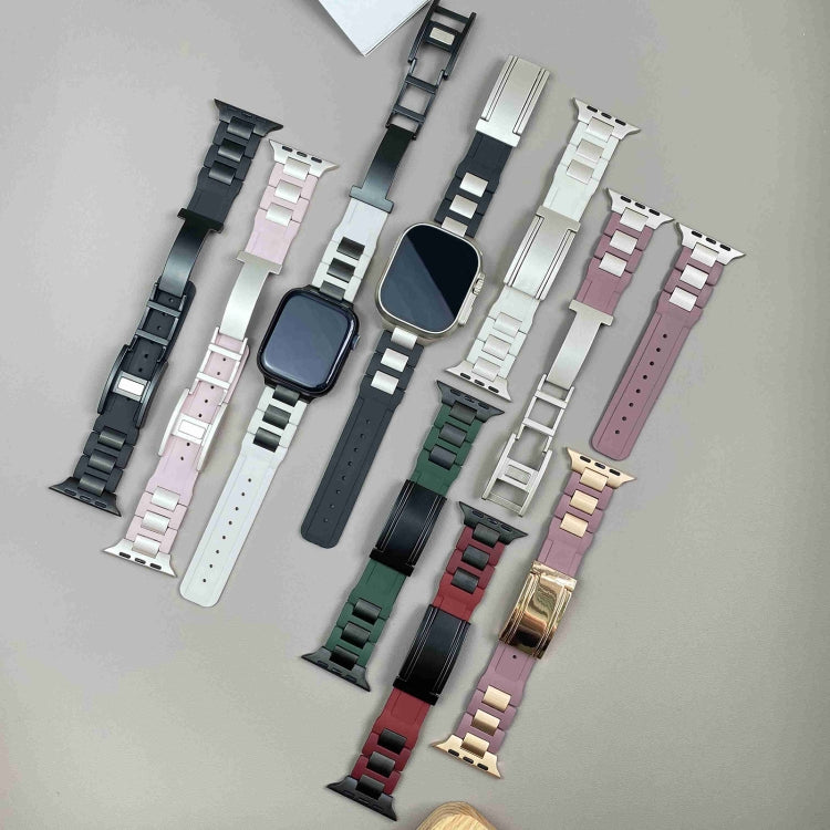 For Apple Watch 46mm / 49mm / 45mm / 44mm T-shaped Magnetic Buckle Stainless Steel Rubber Watch Band(Beige Starlight Buckle) - free shipping - PMC TechLife - Order now!