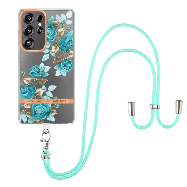For Samsung Galaxy S25 Ultra 5G Flowers and Plants Series IMD TPU Phone Case with Lanyard(Blue Rose) - Galaxy S25 Ultra 5G Cases by PMC Jewellery | Online Shopping South Africa | PMC Jewellery | Buy Now Pay Later Mobicred