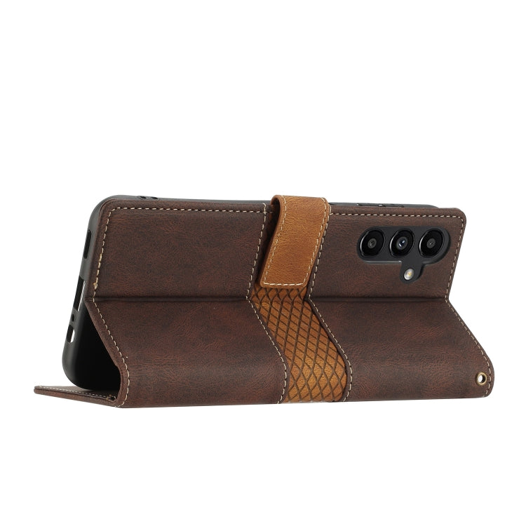 For Samsung Galaxy S25 5G Grid Stitching Leather Phone Case with Lanyard(Brown) - Galaxy S25 5G Cases by PMC Jewellery | Online Shopping South Africa | PMC Jewellery | Buy Now Pay Later Mobicred