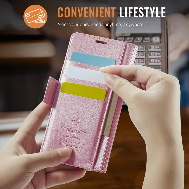 For iPhone 16e AutSpace A11 Side Buckle MagSafe Magnetic RFID Phone Leather Case(Rose Gold) - free shipping - PMc TechLife - Order now!