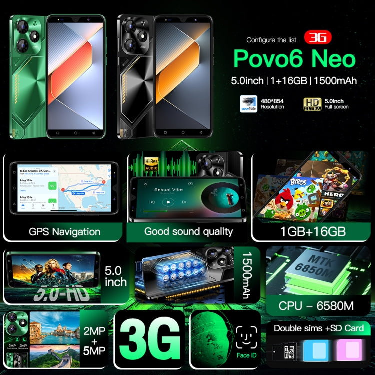 Povo6 Neo / DP29, 1GB+16GB, Face Identification, 5.0 inch Android 8.1 MTK6580M Quad Core, Network: 3G, Dual SIM, Plug:EU Plug(Green) - free shipping - PMc TechLife - Order now!