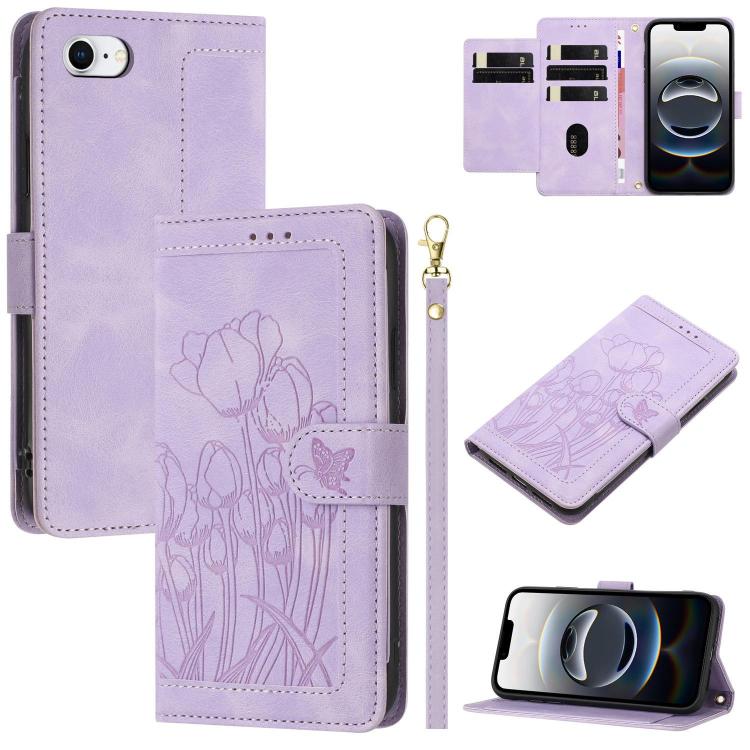 For iPhone 16e Tulips Embossed Leather Phone Case with Lanyard(Purple) - iPhone 16e Cases by PMC TechLife | Online Shopping South Africa | PMC TechLife | Buy Now Pay Later Mobicred