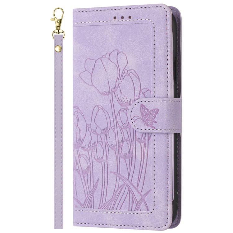 For iPhone 16e Tulips Embossed Leather Phone Case with Lanyard(Purple) - iPhone 16e Cases by PMC TechLife | Online Shopping South Africa | PMC TechLife | Buy Now Pay Later Mobicred