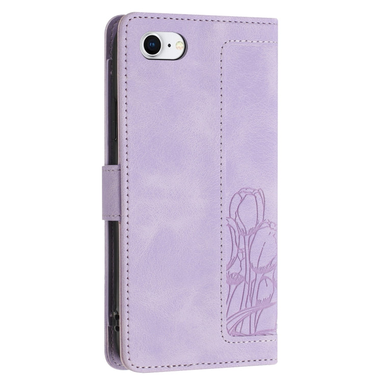 For iPhone 16e Tulips Embossed Leather Phone Case with Lanyard(Purple) - iPhone 16e Cases by PMC TechLife | Online Shopping South Africa | PMC TechLife | Buy Now Pay Later Mobicred