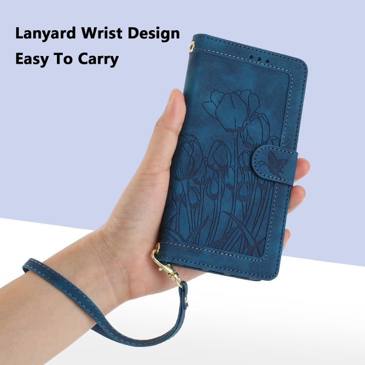 For Samsung Galaxy S25 Ultra 5G Tulips Embossed Leather Phone Case with Lanyard(Blue) - Galaxy S25 Ultra 5G Cases by PMC Jewellery | Online Shopping South Africa | PMC Jewellery | Buy Now Pay Later Mobicred
