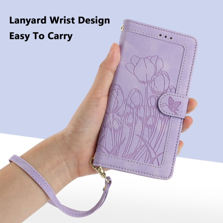 For Samsung Galaxy S25 5G Tulips Embossed Leather Phone Case with Lanyard(Purple) - Galaxy S25 5G Cases by PMC Jewellery | Online Shopping South Africa | PMC Jewellery | Buy Now Pay Later Mobicred