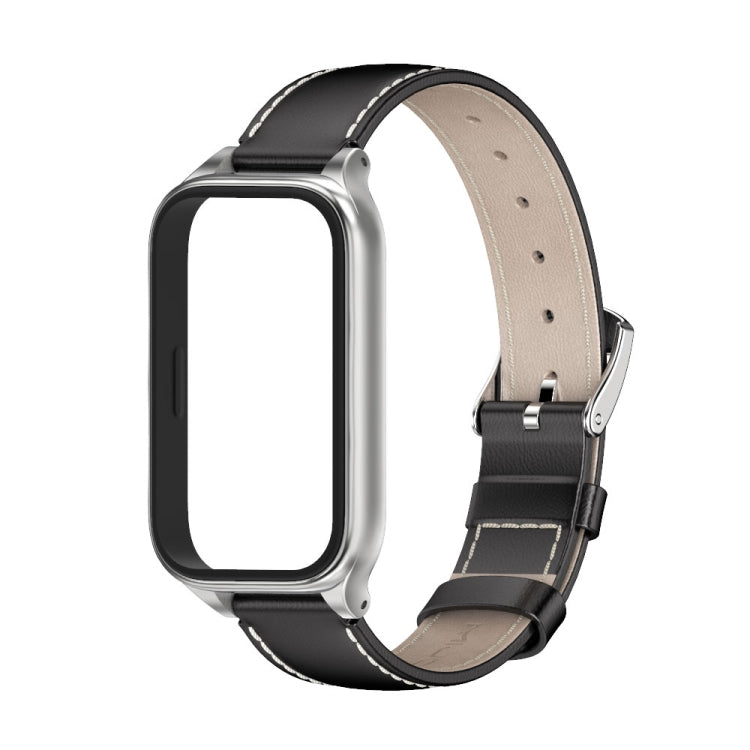 For Xiaomi Smart Band 9 Active / Redmi Band 3 Mijobs Metal Shell Genuine Leather Watch Band(Black Silver) - free shipping - PMc TechLife - Order now!