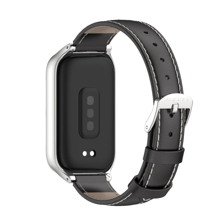 For Xiaomi Smart Band 9 Active / Redmi Band 3 Mijobs Metal Shell Genuine Leather Watch Band(Black Silver) - free shipping - PMc TechLife - Order now!