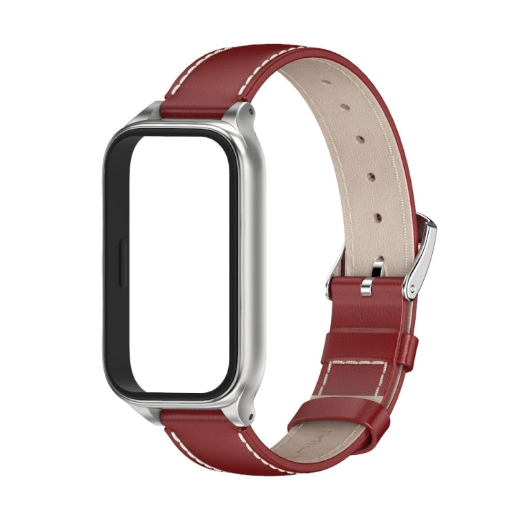 For Xiaomi Smart Band 9 Active / Redmi Band 3 Mijobs Metal Shell Genuine Leather Watch Band(Red Silver) - free shipping - PMc TechLife - Order now!