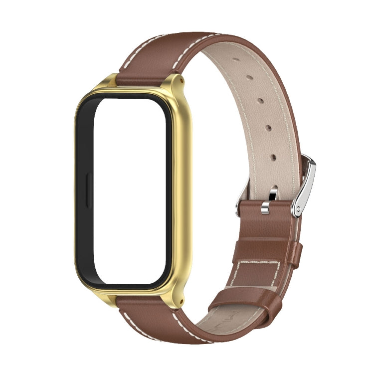 For Xiaomi Smart Band 9 Active / Redmi Band 3 Mijobs Metal Shell Genuine Leather Watch Band(Brown Gold) - free shipping - PMc TechLife - Order now!