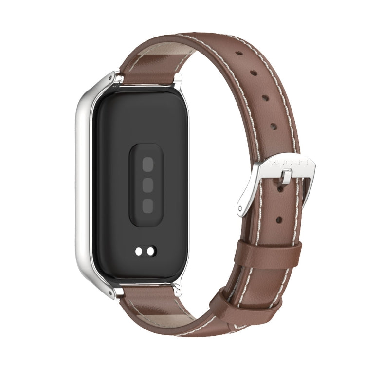 For Xiaomi Smart Band 9 Active / Redmi Band 3 Mijobs Metal Shell Genuine Leather Watch Band(Brown Silver) - free shipping - PMc TechLife - Order now!
