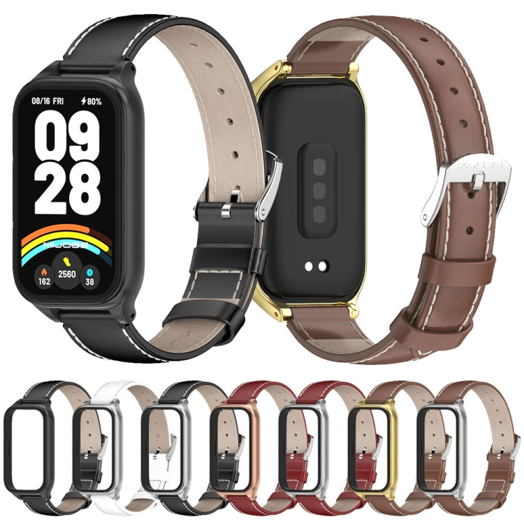 For Xiaomi Smart Band 9 Active / Redmi Band 3 Mijobs Metal Shell Genuine Leather Watch Band(Black) - Watch Bands by MIJOBS | Online Shopping South Africa | PMc TechLife | Buy Now Pay Later Mobicred